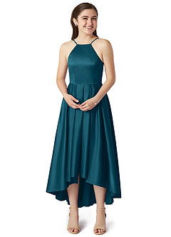 Azazie Jemima Junior Ink Blue A-Line with Pockets Stretch Satin Dress image4