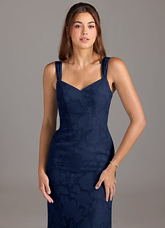 Azazie Denice Bridesmaid Dresses Dark Navy A-Line Pleated Floral Burnout Dress image4