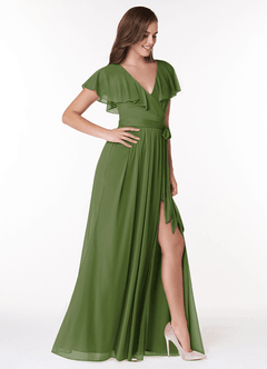 Azazie Jael Robes de demoiselle d'honneur Robe Trapèze en Maille Col en V Olive image4