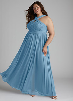 Azazie Hillian Abiti da Damigella Abito A-Line in Maglia con Scollo Halter a Pieghe Blu Acciaio image11