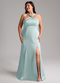 Azazie Rue Bridesmaid Dresses Mist A-Line Pleated Stretch Satin Dress image10