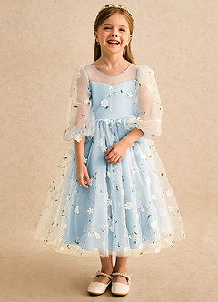 Azazie Elowen Robe Demoiselle D'honneur Fillette Robe Trapèze en Dentelle Encolure en Forme de Cœur Bleu Ciel image5