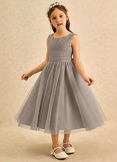Azazie Macaron Robe Demoiselle D'honneur Fillette Robe Trapèze en Tulle Plissé Taupe image4