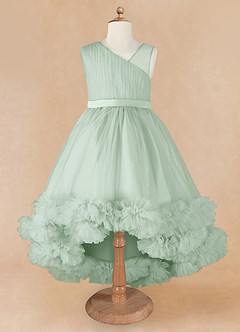 Azazie Lottie vestidos de niña de las flores Vestido de Agave de Satén de Corte En A con Hombro unilateral image5