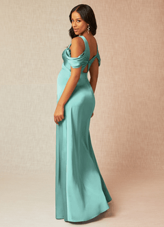 Azazie Rhea vestidos de dama de honor de maternidad Vestido de Corte En A Off The Shoulder Plisado Hasta el suelo Satén Elástico image5