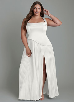 Azazie Stephanie Vestidos de madrinha de casamento Vestido Branco de Cetim elástico de Linha A com Plissado image7