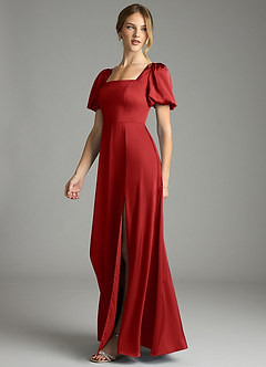 Azazie Fyona Abiti da Damigella Abito A-Line in Raso Elasticizzato Plissettato Melograno image4