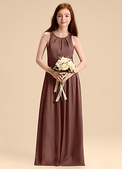 Azazie Bibiane Junior Espresso A-Line Pleated Stretch Satin Dress image4