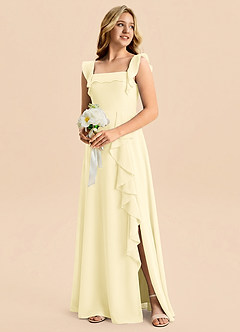 Azazie Nori Junior Lemon Sorbet A-Line Ruched Chiffon Dress image4