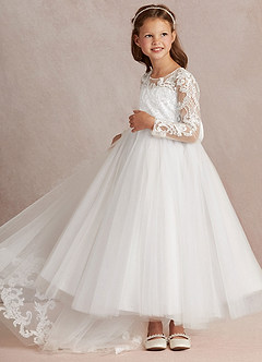 Azazie Elodie Flower Girl Dresses Ivory White Ball-Gown Lace Dress image5