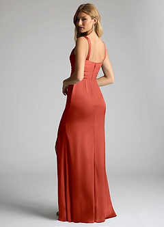 Azazie Elida Bridesmaid Dresses Terracotta Sheath Pleated Stretch Satin Dress image2