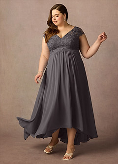 Azazie Irmeli Mère de la mariée Robes Robe Trapèze en Mousseline de soie Dentelle Gris Acier image9