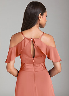 Azazie Dakota Bridesmaid Dresses Salmon Pink A-Line Off the Shoulder Stretch Satin Dress image6