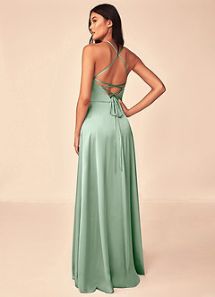 Azazie Mei Bridesmaid Dresses Agave A-Line V-Neck Stretch Satin Dress image2