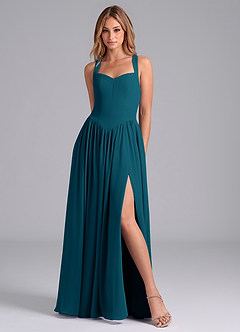 Azazie Francis Vestidos de damas de honor Vestido de Azul Tinta de Gasa de Corte en A con Corsé image3