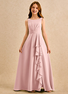 Azazie Chibi Girls Formal Robe Demoiselle D'honneur Fillette Robe Trapèze en Mousseline de soie Plissé Rose Poudré image3