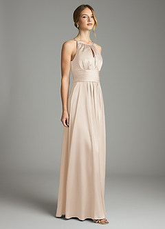 Azazie Bonnie Bridesmaid Dresses White Alabaster A-Line Pleated Stretch Satin Dress image4