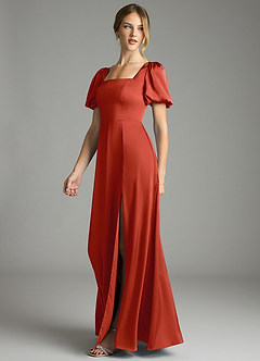 Azazie Fyona Bridesmaid Dresses Rust A-Line Pleated Stretch Satin Dress image10