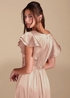 Azazie Daphne Modest Bridesmaid Dresses A-Line Ruched Metallic Satin Floor-Length Dress image6