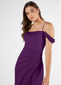 Azazie Kit Bridesmaid Dresses Grape Mermaid Off the Shoulder Mesh Dress image6