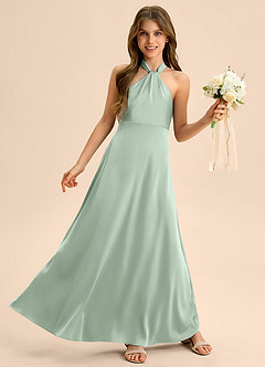 Azazie Beah Junior Agave A-Line Pleated Stretch Satin Dress image5