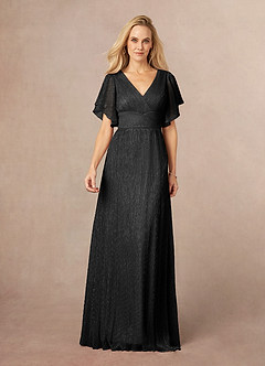 Azazie Kathryn Mother of the Bride Dresses Black A-Line V-Neck Flutter Sleeve Metallic Mesh Dress image1