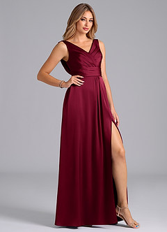 Azazie Karina Bridesmaid Dresses Burgundy A-Line Pleated Stretch Satin Dress image5