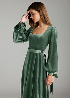 Azazie Leonia Bridesmaid Dresses Eucalyptus A-Line Long Sleeve Velvet Dress image6