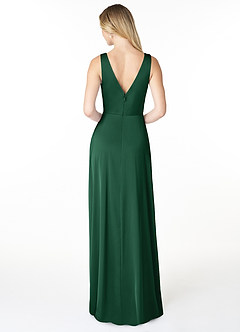 Azazie Nelly Bridesmaid Dresses Dark Green A-Line V-Neck Pleated Stretch Satin Dress image2