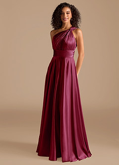 Azazie Charlize Bridesmaid Dresses Burgundy A-Line One Shoulder Metallic Satin Dress image1