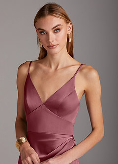 Azazie Shania Final Sale Desert Rose Sheath V-Neck Pleated Stretch Satin Dress image5