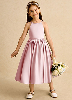 Azazie Indi Flower Girl Dresses Powder Pink A-Line Bow Matte Satin Dress image1