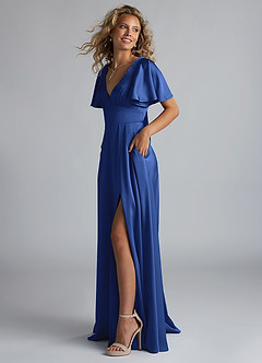 Azazie Kimber Brautjungfernkleider A-Linie Gestreift Stretch-Satin Kleid Königsblau image6
