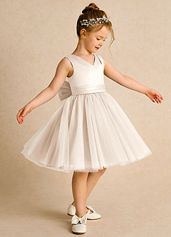 Azazie Tadpole vestidos de niña de las flores Vestido de Alabastro Blanco de Satin Mate de Corte En A con Plisado image3