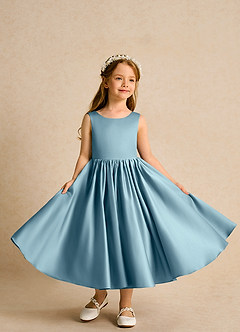 Azazie Doodlebug Flower Girl Dresses Moody Blue A-Line Bow Matte Satin Dress image4