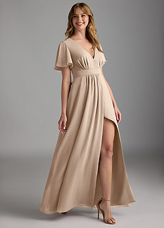 Azazie Zaniah Bridesmaid Dresses Taupe A-Line Chiffon Dress image3