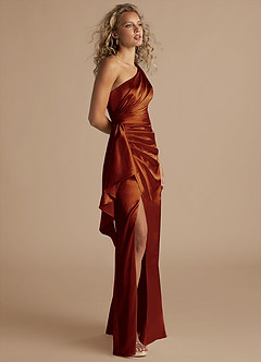 Azazie Maive Bridesmaid Dresses Auburn Sheath Ruched Metallic Satin Dress image4