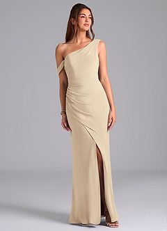 Azazie Madelyn Robes de demoiselle d'honneur Robe Sirène Convertible en Mousseline de soie Ue épaule Champagne image1