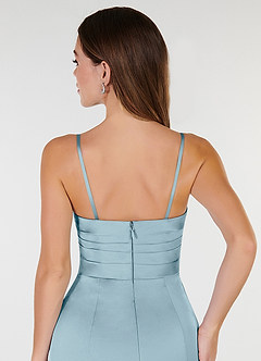 Azazie Yola Vestidos de madrinha de casamento Vestido Azul Temperamental de Cetim elástico de Bainha com Decote em V Plissado image8