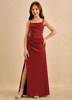 Azazie Cannoli Girls Formal Blumenmädchenkleider A-Linie Plissee Stretch-Satin Kleid Granatapfelrot image3