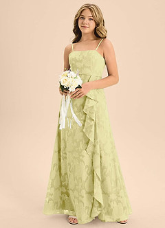 Azazie Kaylee Junior Lemon Sorbet A-Line with Belt Floral Burnout Dress image6