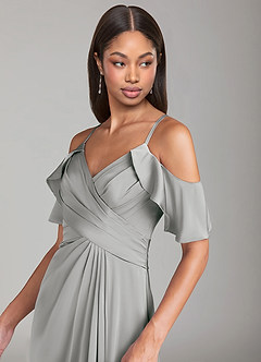 Azazie Dakota Bridesmaid Dresses Silver A-Line Off the Shoulder Stretch Satin Dress image5