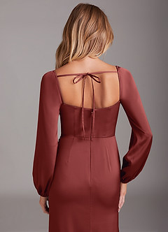 Azazie Charissa Bridesmaid Dresses Terracotta Sheath Long Sleeve Stretch Satin Dress image2