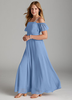 Azazie Sue Junior Jurk van Chiffon met A-Lijn Off the Shoulder Staal Blauw image3
