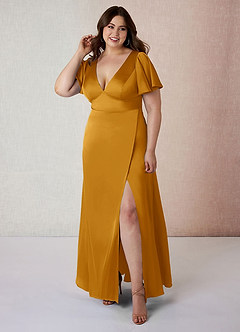 Azazie Lani Bridesmaid Dresses Butterscotch A-Line Flounce Sleeve Stretch Satin Dress image7