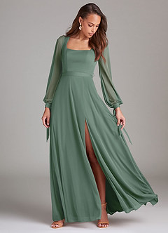 Azazie Leonia Bridesmaid Dresses Eucalyptus A-Line Long Sleeve Mesh Dress image2