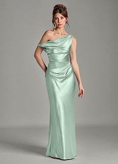 Azazie Emerson Bridesmaid Dresses Agave Mermaid Off the Shoulder Metallic Satin Dress image1
