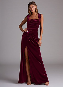 Azazie Genesis Vestidos de damas de honor Vestido de Cabernet de terciopelo de Corte Recto con Plisado image1