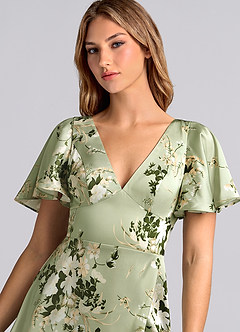 Azazie Lani Bridesmaid Dresses Floral Vines A-Line Flounce Sleeve Stretch Satin Dress image5