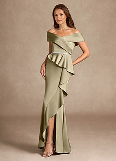 Azazie Dareia Mother of the Bride Dresses Moss Green Mermaid Off the Shoulder Stretch Satin Dress image2